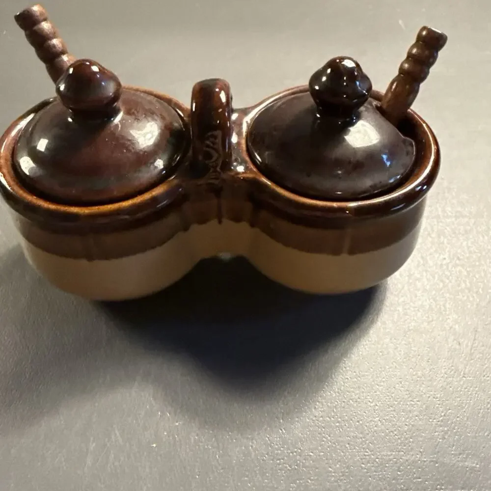 Vintage Stoneware Double Condiment Set, Marked Taiwan, MINT CONDITION w/spoons